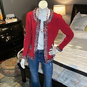 Timeless Vintage Doncaster Brand Red Jacket, Blazer with detailed Fringe Trim.